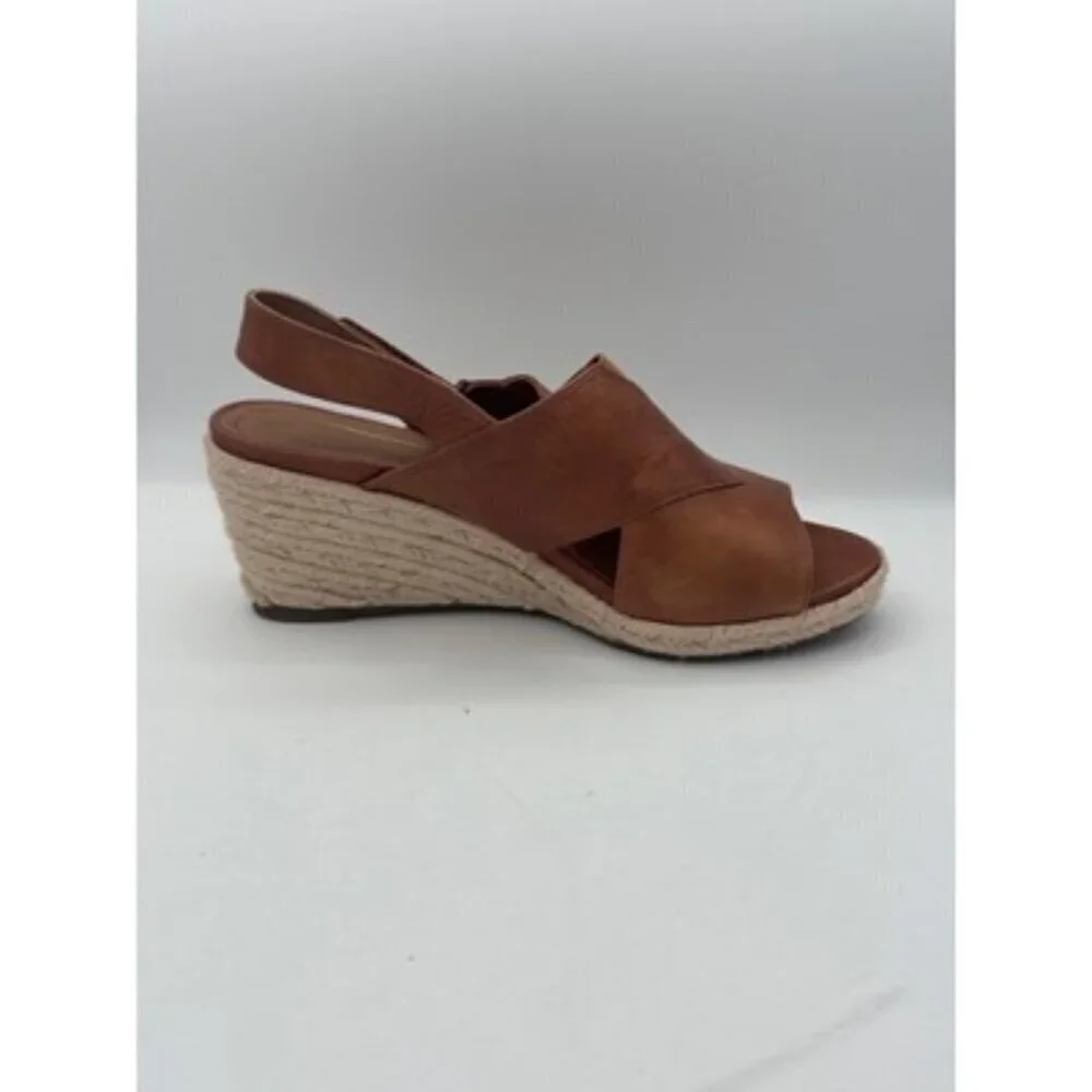 Vionic Womens Open-Toe Brown Leather Slingback Wedge Sandals Size 8M Espadrille